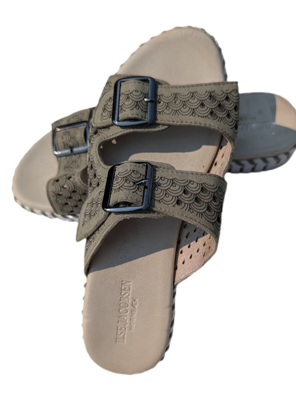 Ilse‎ Jacobsen Olive Green Double Buckle Slide Women's Sandals Scalloped Size 8